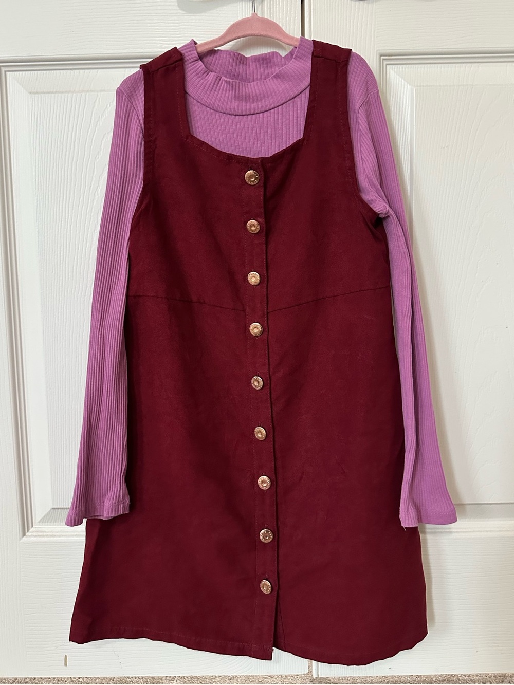 Vince Camuto - Burgundy Button-Front Pinafore Dress with Pink Top